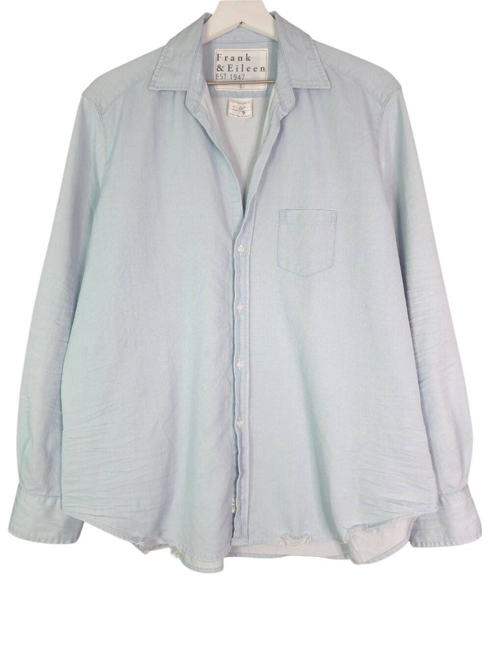 Frank & Eileen Eileen Relaxed Button Up Shirt Light Blue Denim Tattered Hem L